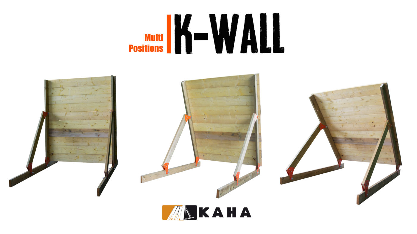 l'obstacle k-wall est une palissade en bois modulable offrant un large choix d'option , position inclinée 45°,75°, pour course à obstacles, course type OCR, parcours d’obstacles indoor de type Ninja Warrior